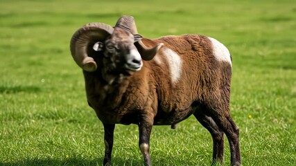 A majestic ram with impressive horns stands in a lush green field, its woolly coat a testament to the beauty of natures creations