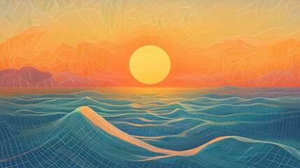 Sunset ocean waves, mountain silhouette, calm scene, peaceful background, travel poster