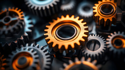 Close-up of various metallic gears interlocked.