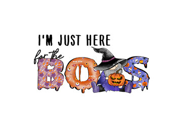 Illustration of a witch hat sits on the word boo with a pumpkin, isolated on transparent background