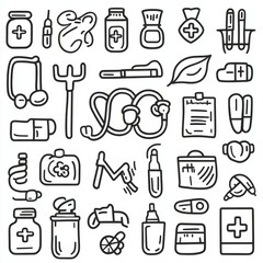 Medical kit, hospital, clinic doodle hand drawn icon set. Outline drawing stethoscope, report, healthcare, doctor, patient, line clipart symbol. Vector illustration