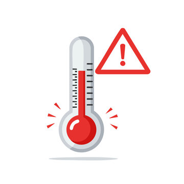 Vector illustration of thermometer with warning sign on white background, health and fever concept