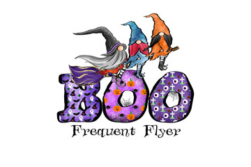 Illustration of a halloween gnome sits atop the word boo with birds, isolated on transparent background