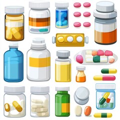Various meds. Pills, capsules blisters, glass bottles with liquid medicine & plastic tubes with caps. Drug medication & supplements collection. Realistic flat style vector object illustration