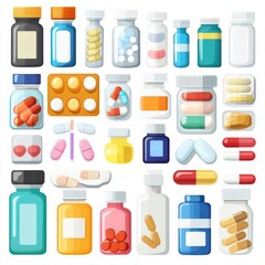 Various meds. Pills, capsules blisters, glass bottles with liquid medicine & plastic tubes with caps. Drug medication & supplements collection. Realistic flat style vector object illustration