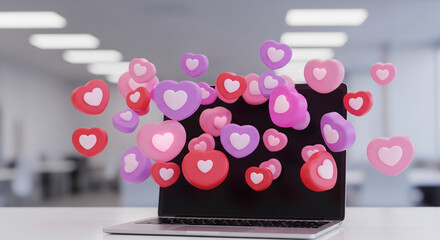 Love in the Digital Realm: A laptop radiates affection as a multitude of hearts playfully dance in the digital space, embodying the modern era of love and connection.