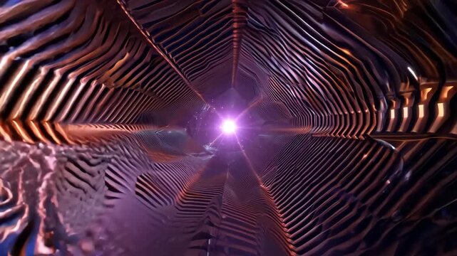 Deep-space fractal tunnel in dark purple lit by copper-lit ridges