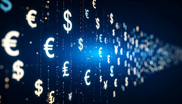 Global currency symbols in motion on a dark background