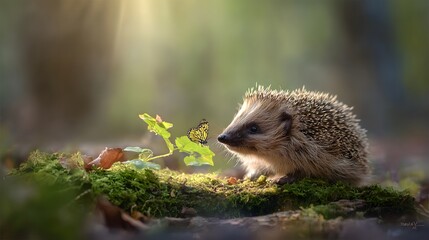 Hedgehog Interacting with Butterfly in a Sunlit Forest Scene