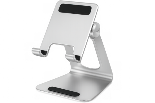 Metallic tablet and smartphone stand with rubber grips on a transparent background, perfect for showcasing apps and websites - Powered by Adobe