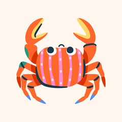 Colorful crab icon. Vector crustacean or beach animal. Vibrant and color underwater life element. Clipart of ocean, sea ecosystem. Tropical aqua edible habitat in shell. Nature and wildlife, biology.