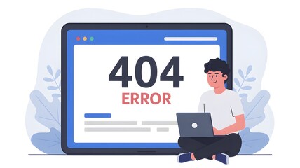 Illustration of a person using a laptop with a error message on a large screen behind them