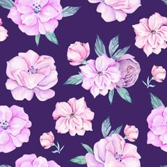 Watercolor seamless pattern with pink.Floral background.Elegant and romantic floral print.Fabric pattern design