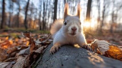 Squirrel on Log in Sunlit Forest with Autumn Leaves Background