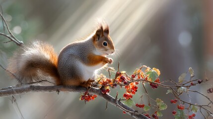 Squirrel on Branch Enjoying Red Berries in Soft Sunlight Rays