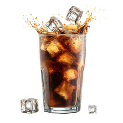 Cola glass with falling ice cubes over white
