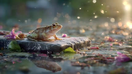 Frog Sitting on Rock Surrounded by Water and Colorful Flowers