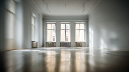 Fototapeta premium Blurred perspective of an empty, freshly painted room with windows