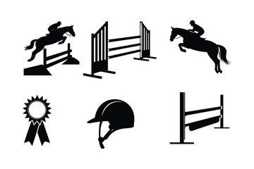 Horse jumping over obstacles with jockey helmet and award ribbon equestrian