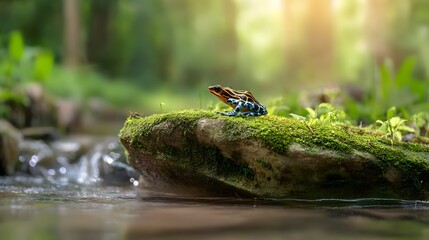 Vibrant Frog on Mossy Stone Near Calm Stream in Sunlit Forest