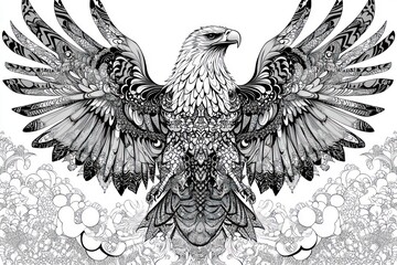 Intricate grayscale eagle with spread wings, detailed feathers and floral background