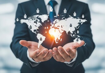 Businessman holding a glowing world map with people icons
