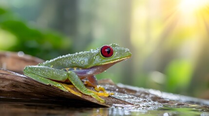Vibrant Green Frog with Red Eyes Sitting on a Bark in Nature