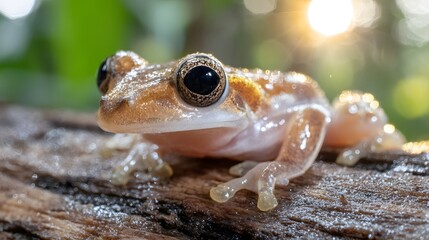 Close-Up of a Wet Tropical Frog on a Log with Green Background