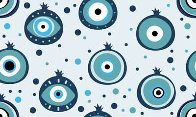 Pomegranate Turkish eye seamless pattern. Evil eye garnet seamless pattern vector illustration. Vector illustration of pomegranate fruit. Traditional protection amulet background, melting blue eyes