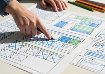 Close up of hands pointing at website wireframes and user interface design sketches with colored pencils