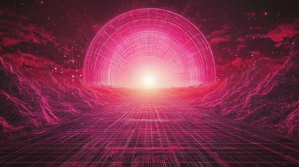 Futuristic pink landscape with glowing portal and grid.