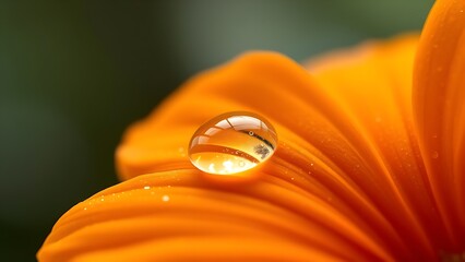 Macro shot of a single orange flower petal with a water droplet, captured in morning dew with shallow focus.