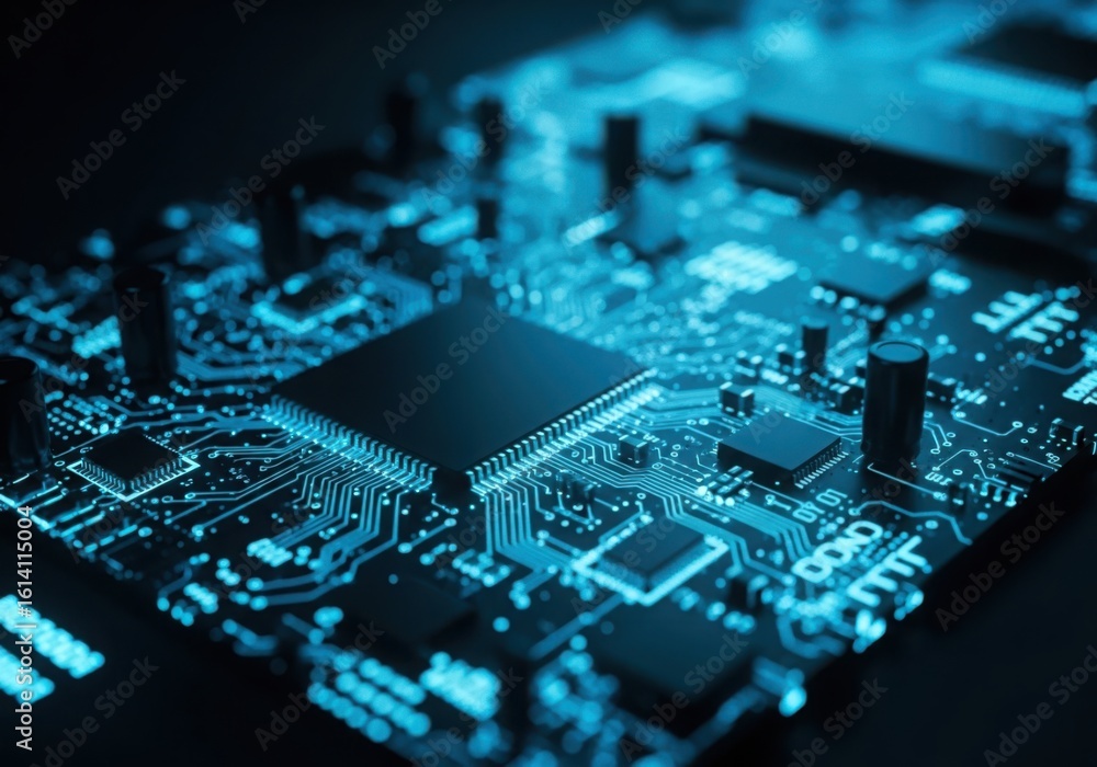 Poster close up of a glowing blue computer motherboard circuit board with intricate details and a central p