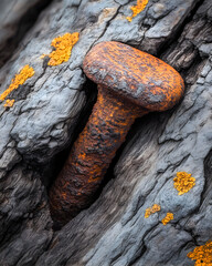 Rusty bolt embedded in gray and black wood with orange lichen.