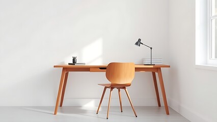 A modern wooden desk with a sleek chair, set against a clean white wall for a minimalist workspace.