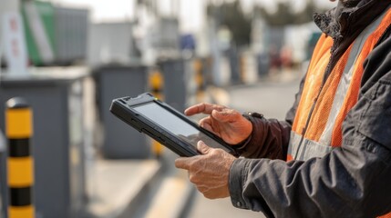 Customs control agent uses digital tablet to document verification process while inspecting commercial goods at a highsecurity port entry point.