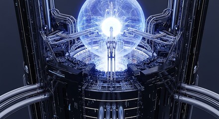 Futuristic technological structure with glowing energy sphere at its center, intricate details.