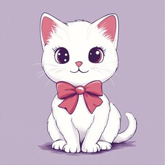 Cute white cat with red bow. Vector kitten illustation isolated on light violate background. Preppy animal print design for kids t-shirt.
