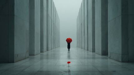 Person with red umbrella standing alone in white marble corridor with flower in foreground