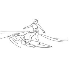 Woman surfing on wave in minimalist line drawing vector. Sports, vacations and holidays, physical activity in summer season
