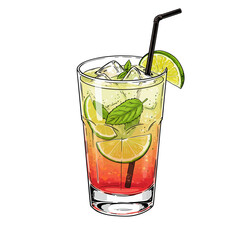 Colorful mojito cocktail with ice, lime and mint leaves in a glass and straw. Summer, vacations, weekend and holidays. Bars and restaurants drink menu