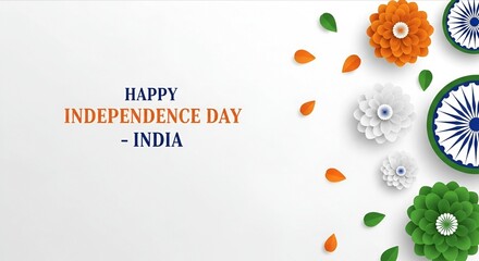 Indian Independence Day celebration banner with tricolor paper flowers and national symbols