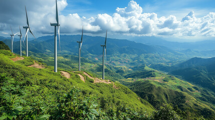 Wind turbines stand tall on a lush green hillside, surrounded by rolling mountains and a vibrant blue sky, showcasing renewable energy in a natural landscape