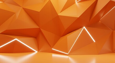 Futuristic orange polygonal backdrop with glowing neon lines. Abstract 3D geometric wall for presentation or product display.