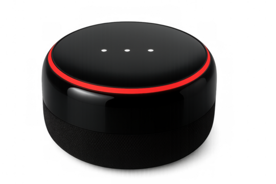 Black smart speaker with a glowing red light ring is shown on a transparent background, indicating activity