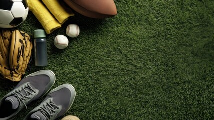 Naklejka premium Flat lay of sports gear placed on green grass with room for text