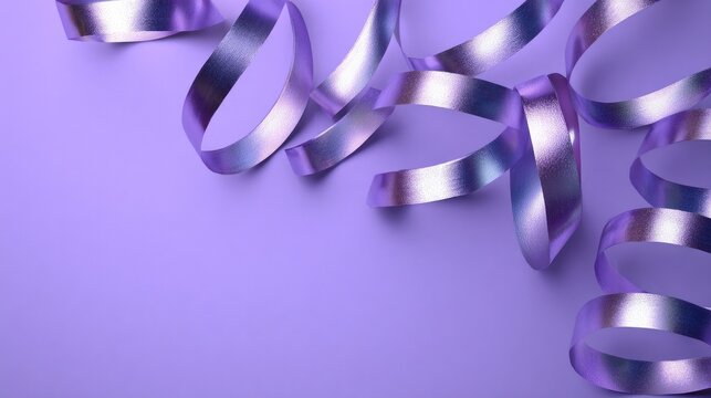 Glossy metallic streamers arranged against a lilac background, with space left for copy