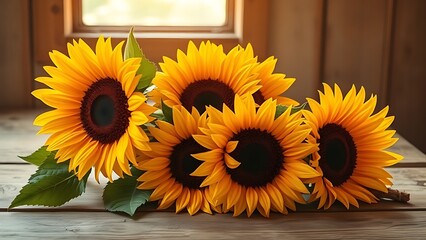 A sunflower bouquet arranged on a rustic wooden surface, glowing with warm golden tones under natural window lighting.