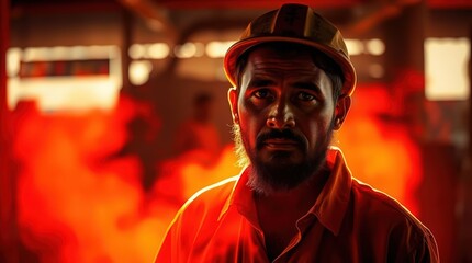  a firefighter bathed in strong, warm light