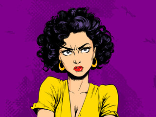 Bold and confident woman with curly hair expresses attitude against vibrant purple background